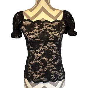 Victoria Secret Top Blouse Lace Black Med Goth Babydoll Y2K Puff Sleeve Sexy